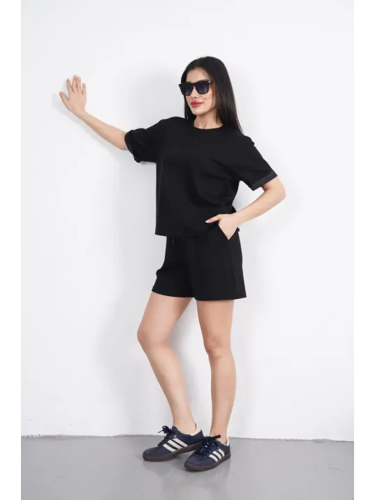 Osy Modal yumuşak dokulu Kumaş Kadın Bisiklet Yaka T-shirt Kısa Şort İkili Takım - Siyah Osy Modal yumuşak dokulu Kumaş Kadın Bisiklet Yaka T-shirt Kısa Şort İkili Takım - Siyah