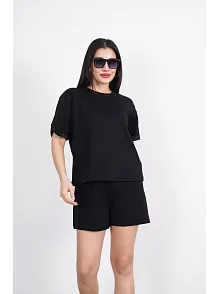 Osy Modal Yumuşak Dokulu Kumaş Kadın Bisiklet Yaka T-shirt Kısa Şort İkili Takım - Siyah