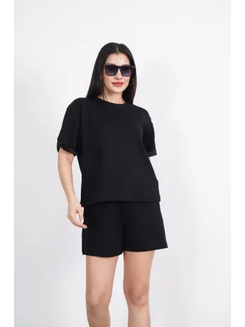 Osy Modal yumuşak dokulu Kumaş Kadın Bisiklet Yaka T-shirt Kısa Şort İkili Takım - Siyah Osy Modal yumuşak dokulu Kumaş Kadın Bisiklet Yaka T-shirt Kısa Şort İkili Takım - Siyah