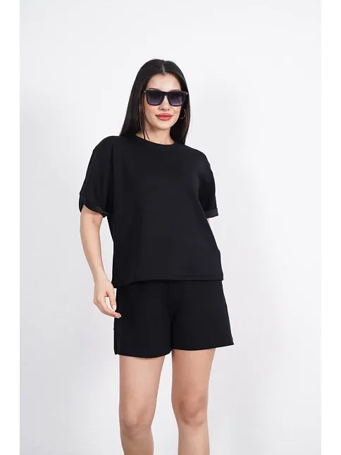Osy Modal Yumuşak Dokulu Kumaş Kadın Bisiklet Yaka T-shirt Kısa Şort İkili Takım - Siyah
