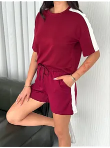 Osy Modal Yumuşak Dokulu Kumaş Kadın Parçalı Bisiklet Yaka T-shirt Kısa Şort İkili Takım - Bordo