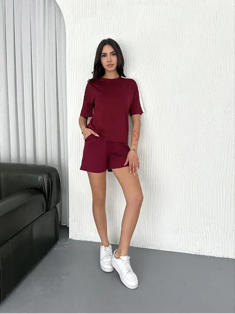 Osy Modal Yumuşak Dokulu Kumaş Kadın Parçalı Bisiklet Yaka T-shirt Kısa Şort İkili Takım - Bordo