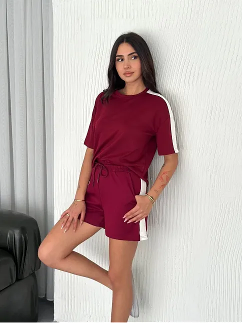Osy Modal Yumuşak Dokulu Kumaş Kadın Parçalı Bisiklet Yaka T-shirt Kısa Şort İkili Takım - Bordo