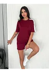 Osy Modal Yumuşak Dokulu Kumaş Kadın Parçalı Bisiklet Yaka T-shirt Kısa Şort İkili Takım - Bordo