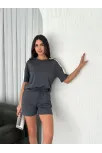Osy Modal Yumuşak Dokulu Kumaş Kadın Parçalı Bisiklet Yaka T-shirt Kısa Şort İkili Takım - Antrasit
