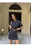 Osy Modal Yumuşak Dokulu Kumaş Kadın Parçalı Bisiklet Yaka T-shirt Mini Şortlu Etek İkili Takım - Füme