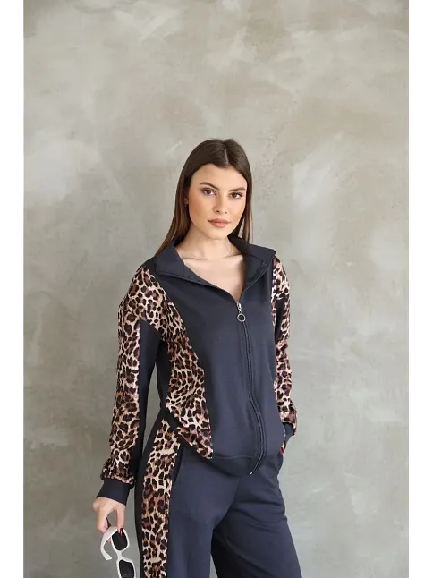 Osy Modal Yumuşak Dokulu Kumaş Kapüşonlu Leopar Desenli Fermuarlı Takım - Antrasit