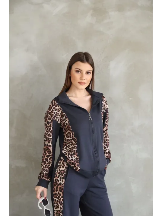 Osy Modal Yumuşak Dokulu Kumaş Kapüşonlu Leopar Desenli Fermuarlı Takım - Antrasit