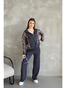 Osy Modal Yumuşak Dokulu Kumaş Kapüşonlu Leopar Desenli Fermuarlı Takım - Antrasit