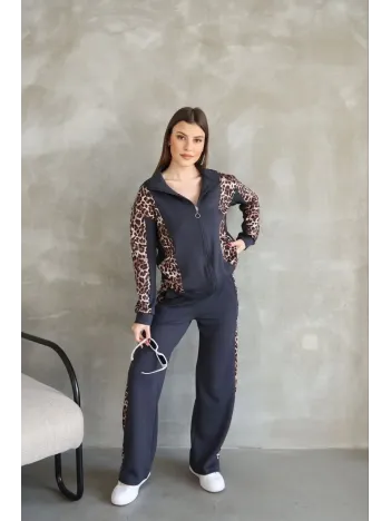 Osy Modal Yumuşak Dokulu Kumaş Kapüşonlu Leopar Desenli Fermuarlı Takım - Antrasit