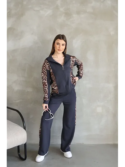 Osy Modal Yumuşak Dokulu Kumaş Kapüşonlu Leopar Desenli Fermuarlı Takım - Antrasit