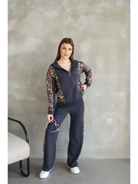 Osy Modal Yumuşak Dokulu Kumaş Kapüşonlu Leopar Desenli Fermuarlı Takım - Antrasit