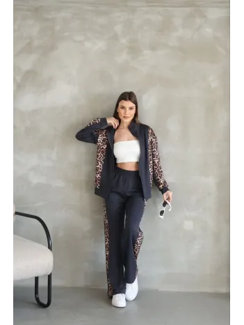 Osy Modal Yumuşak Dokulu Kumaş Kapüşonlu Leopar Desenli Fermuarlı Takım - Antrasit