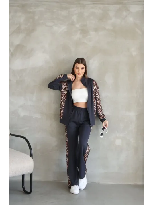 Osy Modal Yumuşak Dokulu Kumaş Kapüşonlu Leopar Desenli Fermuarlı Takım - Antrasit