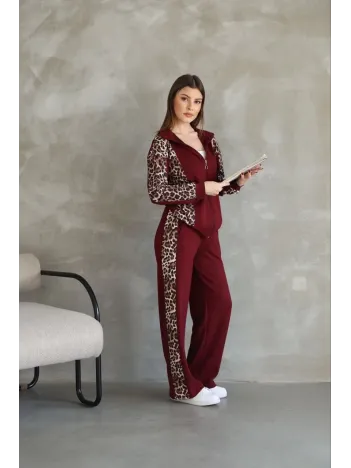Osy Modal Yumuşak Dokulu Kumaş Kapüşonlu Leopar Desenli Fermuarlı Takım - Bordo Osy Modal Yumuşak Dokulu Kumaş Kapüşonlu Leopar Desenli Fermuarlı Takım - Bordo