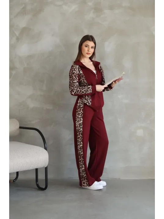 Osy Modal Yumuşak Dokulu Kumaş Kapüşonlu Leopar Desenli Fermuarlı Takım - Bordo Osy Modal Yumuşak Dokulu Kumaş Kapüşonlu Leopar Desenli Fermuarlı Takım - Bordo