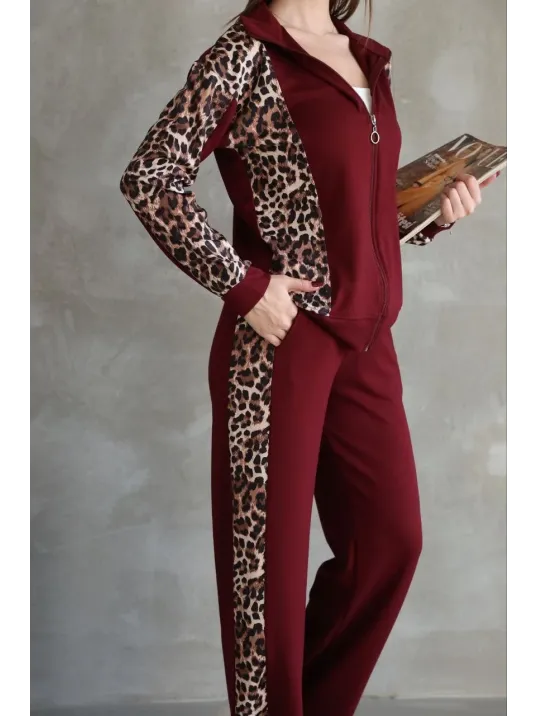 Osy Modal Yumuşak Dokulu Kumaş Kapüşonlu Leopar Desenli Fermuarlı Takım - Bordo Osy Modal Yumuşak Dokulu Kumaş Kapüşonlu Leopar Desenli Fermuarlı Takım - Bordo