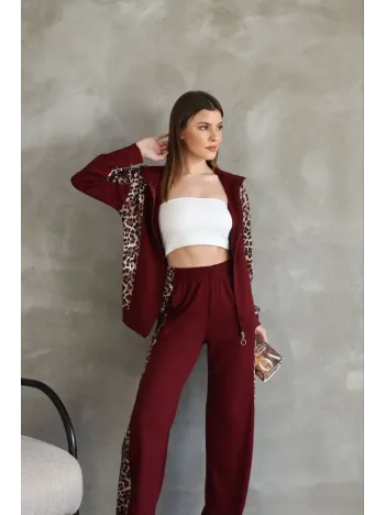 Osy Modal Yumuşak Dokulu Kumaş Kapüşonlu Leopar Desenli Fermuarlı Takım - Bordo Osy Modal Yumuşak Dokulu Kumaş Kapüşonlu Leopar Desenli Fermuarlı Takım - Bordo