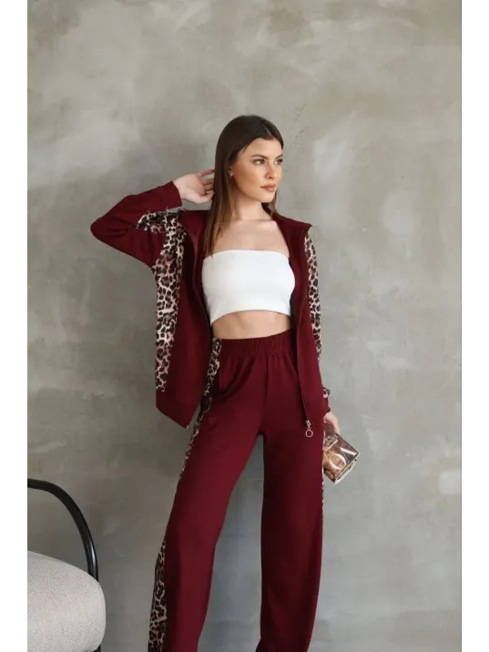 Osy Modal Yumuşak Dokulu Kumaş Kapüşonlu Leopar Desenli Fermuarlı Takım - Bordo Osy Modal Yumuşak Dokulu Kumaş Kapüşonlu Leopar Desenli Fermuarlı Takım - Bordo