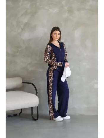 Osy Modal Yumuşak Dokulu Kumaş Kapüşonlu Leopar Desenli Fermuarlı Takım - Lacivert Osy Modal Yumuşak Dokulu Kumaş Kapüşonlu Leopar Desenli Fermuarlı Takım - Lacivert