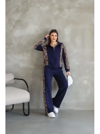 Osy Modal Yumuşak Dokulu Kumaş Kapüşonlu Leopar Desenli Fermuarlı Takım - Lacivert Osy Modal Yumuşak Dokulu Kumaş Kapüşonlu Leopar Desenli Fermuarlı Takım - Lacivert
