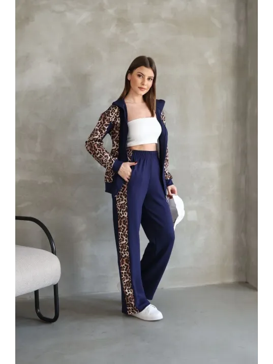 Osy Modal Yumuşak Dokulu Kumaş Kapüşonlu Leopar Desenli Fermuarlı Takım - Lacivert Osy Modal Yumuşak Dokulu Kumaş Kapüşonlu Leopar Desenli Fermuarlı Takım - Lacivert