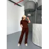 Osy Modal Yumuşak Dokulu Kumaş Kısa Kollu Bluz Rahat Pantalon ikili Takım- Kahverengi Osy Modal Yumuşak Dokulu Kumaş Kısa Kollu Bluz Rahat Pantalon ikili Takım- Kahverengi