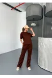 Osy Modal Yumuşak Dokulu Kumaş Kısa Kollu Bluz Rahat Pantalon İkili Takım- Kahverengi Osy Modal Yumuşak Dokulu Kumaş Kısa Kollu Bluz Rahat Pantalon İkili Takım- Kahverengi