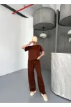 Osy Modal Yumuşak Dokulu Kumaş Kısa Kollu Bluz Rahat Pantalon İkili Takım- Kahverengi Osy Modal Yumuşak Dokulu Kumaş Kısa Kollu Bluz Rahat Pantalon İkili Takım- Kahverengi