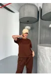 Osy Modal Yumuşak Dokulu Kumaş Kısa Kollu Bluz Rahat Pantalon İkili Takım- Kahverengi Osy Modal Yumuşak Dokulu Kumaş Kısa Kollu Bluz Rahat Pantalon İkili Takım- Kahverengi