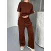 Osy Modal Yumuşak Dokulu Kumaş Kısa Kollu Bluz Rahat Pantalon ikili Takım- Kahverengi Osy Modal Yumuşak Dokulu Kumaş Kısa Kollu Bluz Rahat Pantalon ikili Takım- Kahverengi