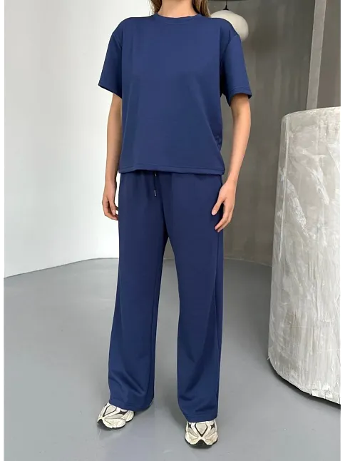 Osy Modal Yumuşak Dokulu Kumaş Kısa Kollu Bluz Rahat Pantalon İkili Takım- Lacivert