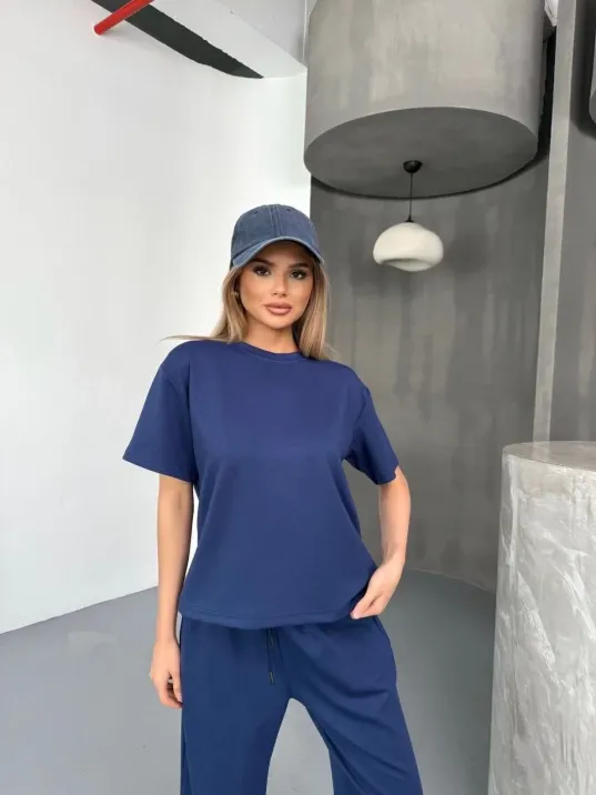 Osy Modal Yumuşak Dokulu Kumaş Kısa Kollu Bluz Rahat Pantalon ikili Takım- Lacivert Osy Modal Yumuşak Dokulu Kumaş Kısa Kollu Bluz Rahat Pantalon ikili Takım- Lacivert