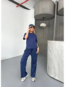 Osy Modal Yumuşak Dokulu Kumaş Kısa Kollu Bluz Rahat Pantalon İkili Takım- Lacivert