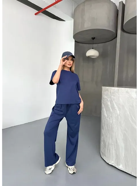 Osy Modal Yumuşak Dokulu Kumaş Kısa Kollu Bluz Rahat Pantalon İkili Takım- Lacivert