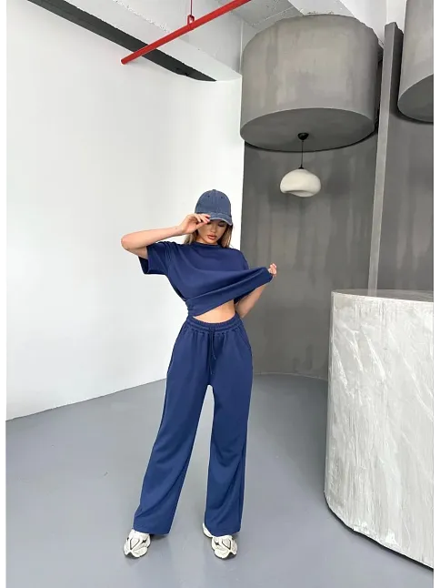 Osy Modal Yumuşak Dokulu Kumaş Kısa Kollu Bluz Rahat Pantalon İkili Takım- Lacivert