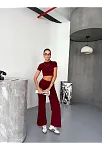 Osy Modal Yumuşak Dokulu Kumaş Kısa Kollu Crop Alt İspanyol Paça Pantalon İkili Takım - Bordo
