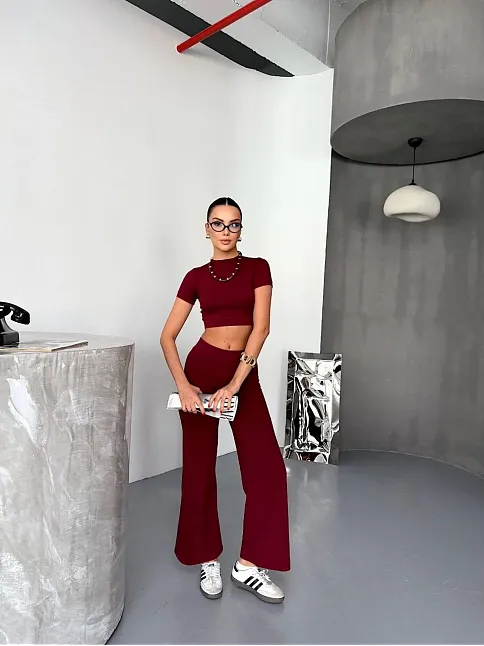 Osy Modal Yumuşak Dokulu Kumaş Kısa Kollu Crop Alt İspanyol Paça Pantalon İkili Takım - Bordo