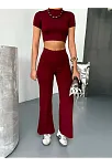 Osy Modal Yumuşak Dokulu Kumaş Kısa Kollu Crop Alt İspanyol Paça Pantalon İkili Takım - Bordo