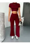 Osy Modal Yumuşak Dokulu Kumaş Kısa Kollu Crop Alt İspanyol Paça Pantalon İkili Takım - Bordo