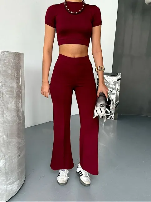 Osy Modal Yumuşak Dokulu Kumaş Kısa Kollu Crop Alt İspanyol Paça Pantalon İkili Takım - Bordo