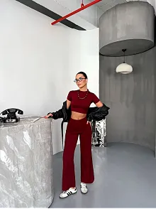 Osy Modal Yumuşak Dokulu Kumaş Kısa Kollu Crop Alt İspanyol Paça Pantalon İkili Takım - Bordo
