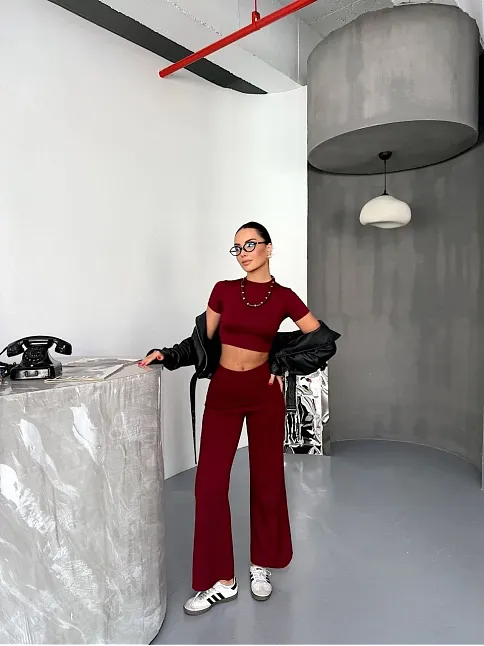Osy Modal Yumuşak Dokulu Kumaş Kısa Kollu Crop Alt İspanyol Paça Pantalon İkili Takım - Bordo