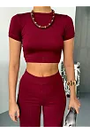 Osy Modal Yumuşak Dokulu Kumaş Kısa Kollu Crop Alt İspanyol Paça Pantalon İkili Takım - Bordo
