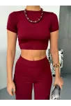 Osy Modal Yumuşak Dokulu Kumaş Kısa Kollu Crop Alt İspanyol Paça Pantalon İkili Takım - Bordo