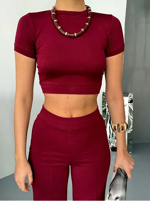 Osy Modal Yumuşak Dokulu Kumaş Kısa Kollu Crop Alt İspanyol Paça Pantalon İkili Takım - Bordo