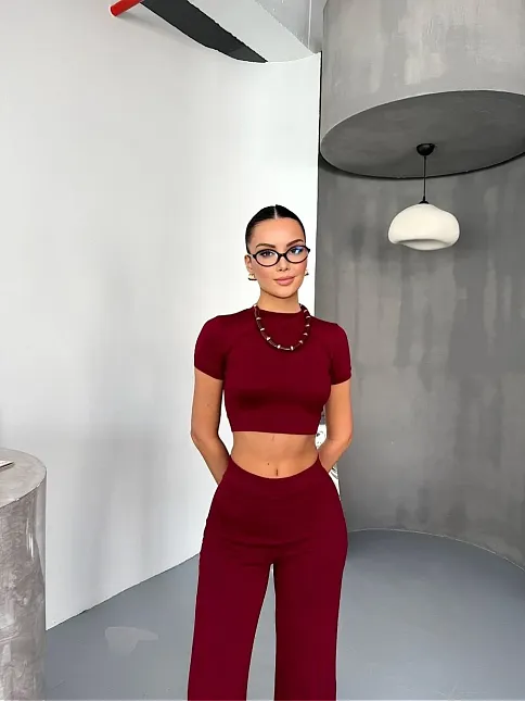 Osy Modal Yumuşak Dokulu Kumaş Kısa Kollu Crop Alt İspanyol Paça Pantalon İkili Takım - Bordo