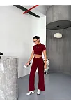 Osy Modal Yumuşak Dokulu Kumaş Kısa Kollu Crop Alt İspanyol Paça Pantalon İkili Takım - Bordo