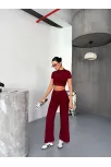 Osy Modal Yumuşak Dokulu Kumaş Kısa Kollu Crop Alt İspanyol Paça Pantalon İkili Takım - Bordo