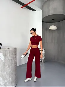 Osy Modal Yumuşak Dokulu Kumaş Kısa Kollu Crop Alt İspanyol Paça Pantalon İkili Takım - Bordo